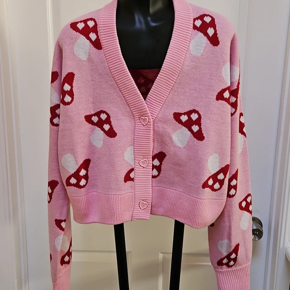 SWEET SOCIETY Pink Mushroom Cardigan with Heart Buttons - L